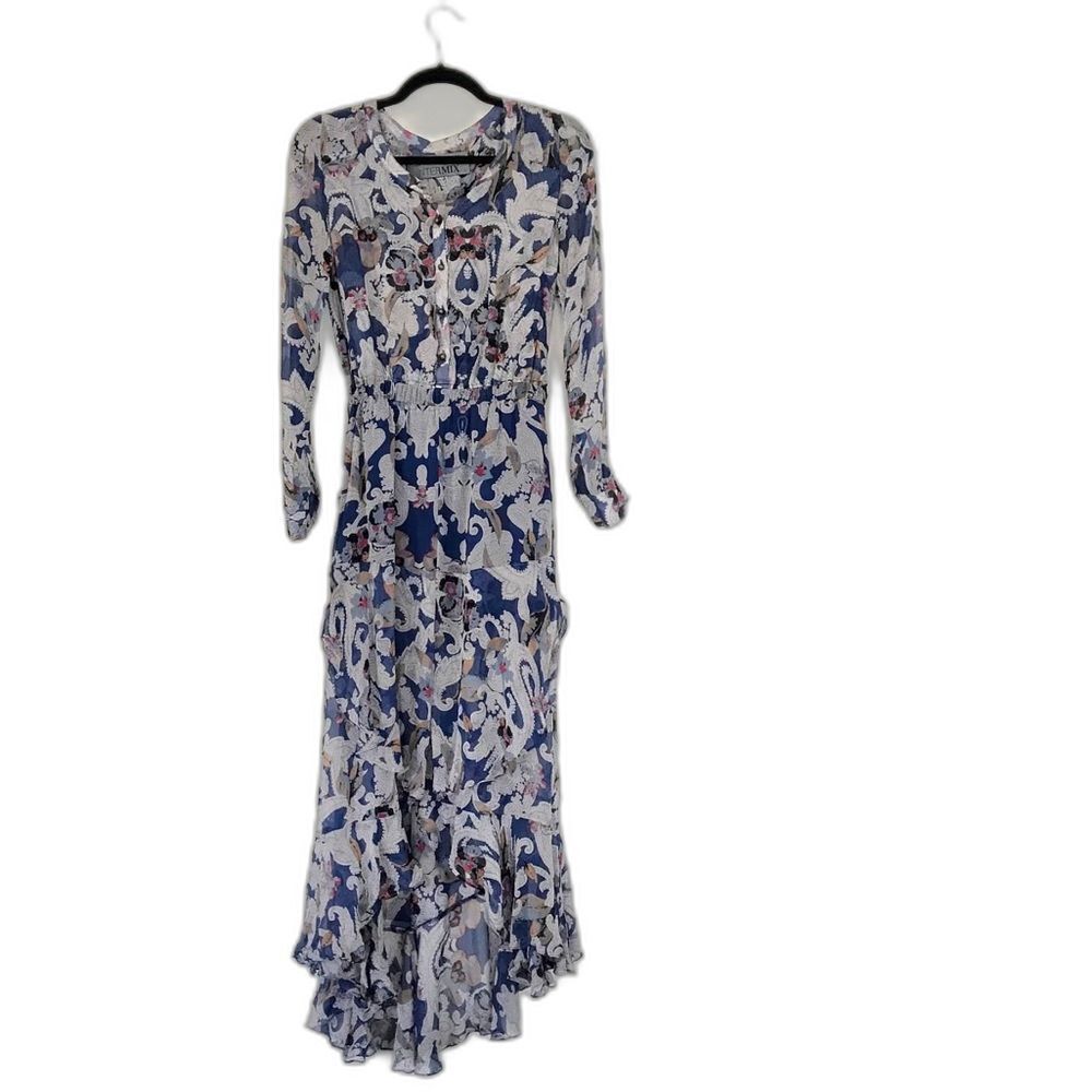 Intermix Silk Semi Sheer Paisley Asymmetrical Ruffle Hem Maxi Dress Size Small